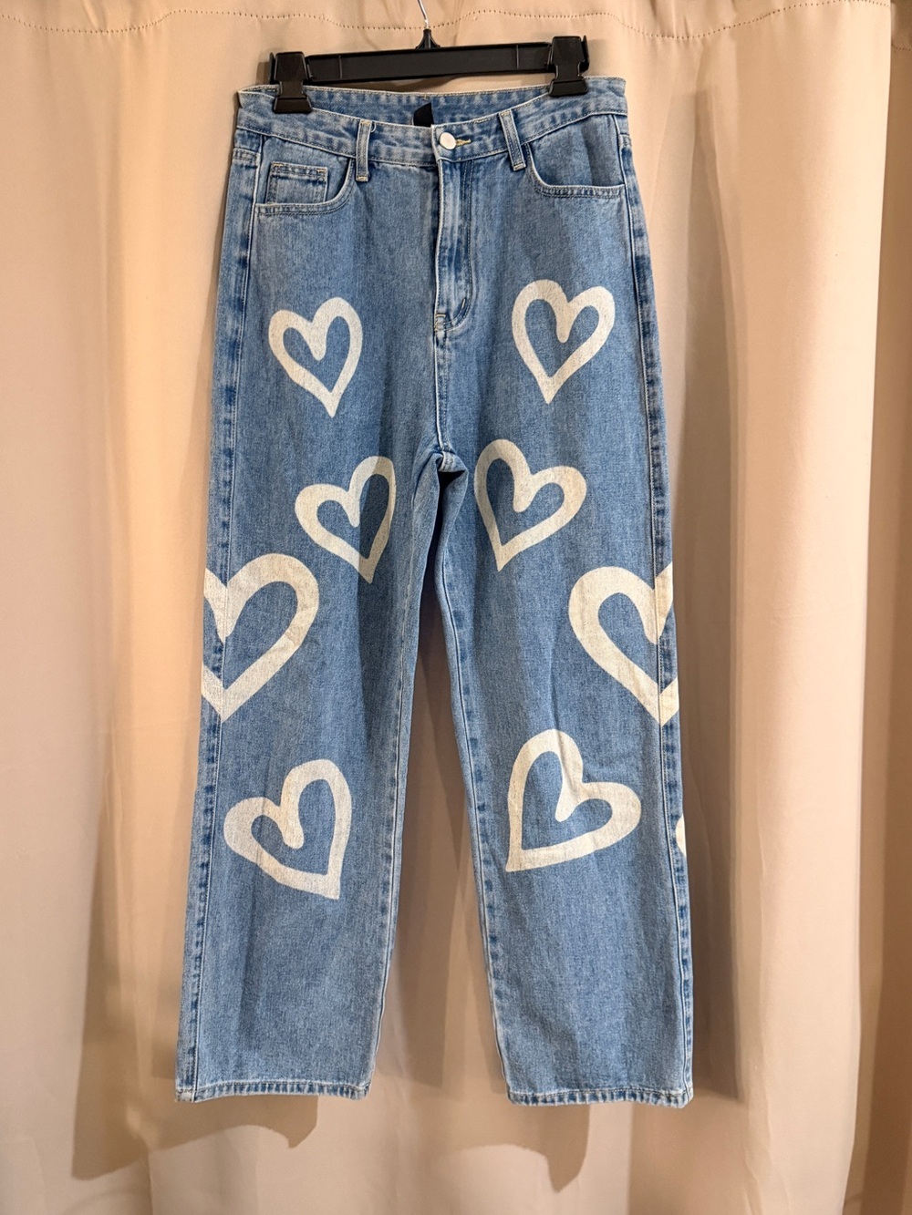 Cider Light Blue Straight-Leg Jeans with White Heart Print